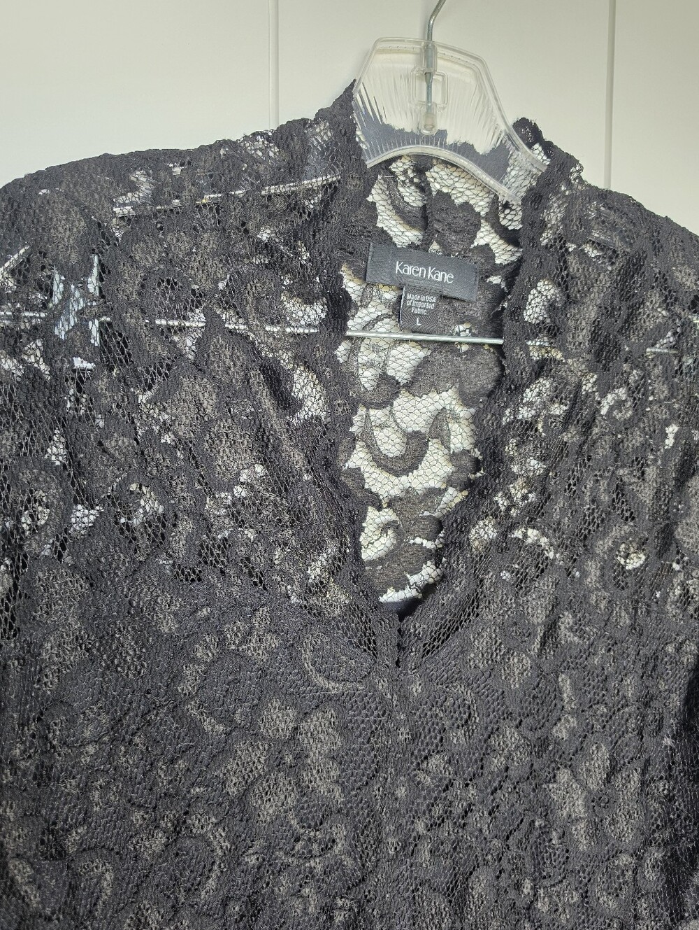 Karen Kane Little Black Dress L Scalloped Lace Illusion Bodycon Goth V-Neck LBD - Picture 7 of 10